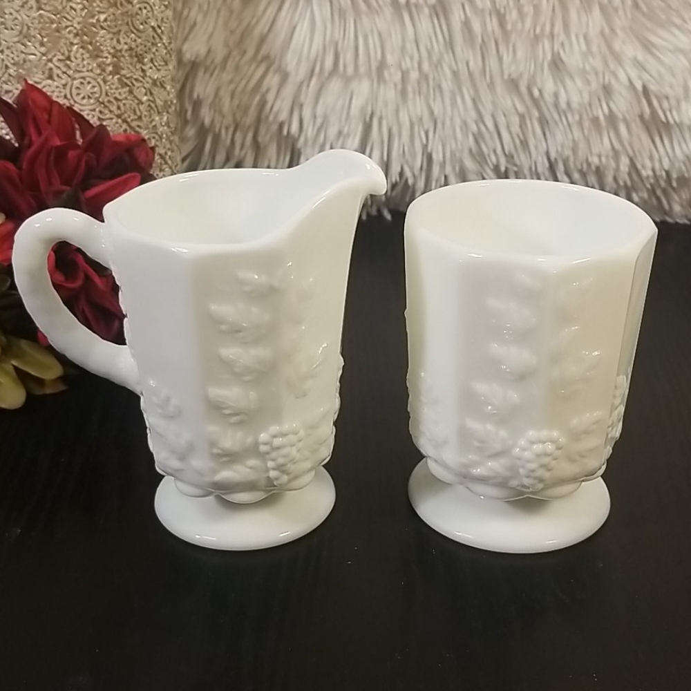 Westmoreland Milk Glass Panneled Grape Creamer & Sugar